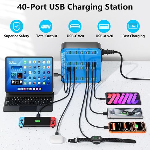 محطة شحن USB C بقدرة 400 واط، 40 منفذًا (20 USBA+20 USBC) شاحن USB C لسطح المكتب، مناسب لمحطة شحن سريعة متعددة الأجهزة، متوافق مع iPhone 16/15/14/13/12/Galaxy S23/S22/الكمبيوتر اللوحي in Kuwait