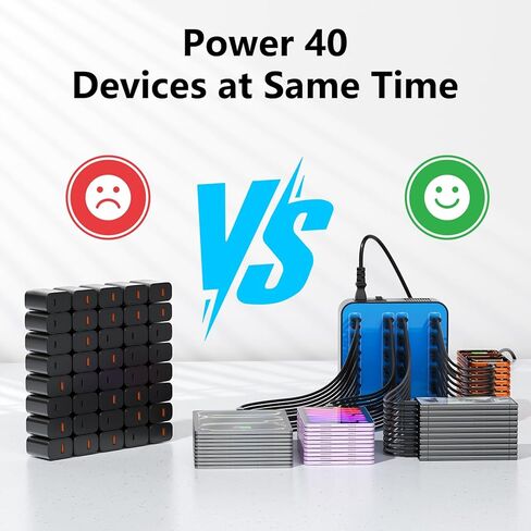 محطة شحن USB C بقدرة 400 واط، 40 منفذًا (20 USBA+20 USBC) شاحن USB C لسطح المكتب، مناسب لمحطة شحن سريعة متعددة الأجهزة، متوافق مع iPhone 16/15/14/13/12/Galaxy S23/S22/الكمبيوتر اللوحي in Kuwait
