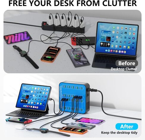 محطة شحن USB C بقدرة 400 واط، 40 منفذًا (20 USBA+20 USBC) شاحن USB C لسطح المكتب، مناسب لمحطة شحن سريعة متعددة الأجهزة، متوافق مع iPhone 16/15/14/13/12/Galaxy S23/S22/الكمبيوتر اللوحي in Kuwait