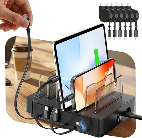 SooPii HomeHub H1 Charging Station for multiple devices,Upgraded 6-Port Desktop Fast Charger with 6 Retractable Cables（4*C+2*iP）,60W PD charger station for iPhone/Tablet,Tangle-Free Charging Organizer in Saudi Arabia