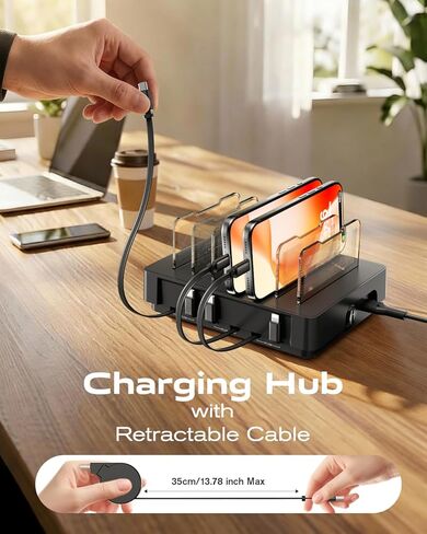 SooPii HomeHub H1 Charging Station for multiple devices,Upgraded 6-Port Desktop Fast Charger with 6 Retractable Cables（4*C+2*iP）,60W PD charger station for iPhone/Tablet,Tangle-Free Charging Organizer in Saudi Arabia