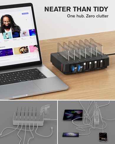 SooPii HomeHub H1 Charging Station for multiple devices,Upgraded 6-Port Desktop Fast Charger with 6 Retractable Cables（4*C+2*iP）,60W PD charger station for iPhone/Tablet,Tangle-Free Charging Organizer in Saudi Arabia