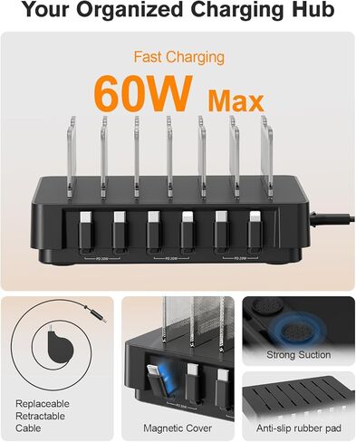 SooPii HomeHub H1 Charging Station for multiple devices,Upgraded 6-Port Desktop Fast Charger with 6 Retractable Cables（4*C+2*iP）,60W PD charger station for iPhone/Tablet,Tangle-Free Charging Organizer in Saudi Arabia