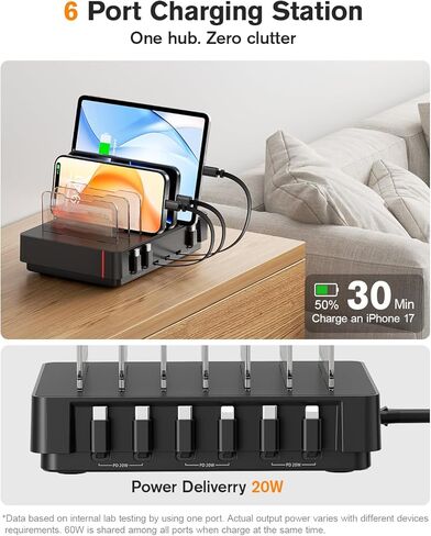 SooPii HomeHub H1 Charging Station for multiple devices,Upgraded 6-Port Desktop Fast Charger with 6 Retractable Cables（4*C+2*iP）,60W PD charger station for iPhone/Tablet,Tangle-Free Charging Organizer in Saudi Arabia