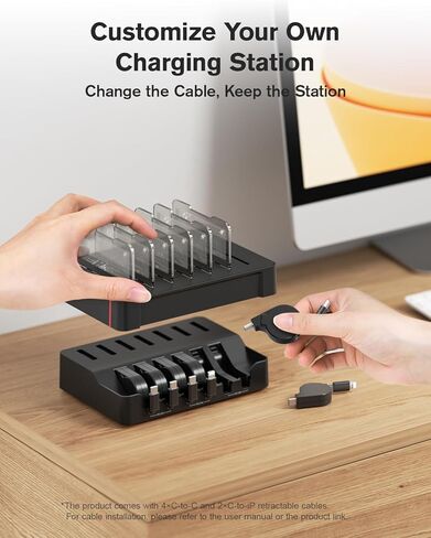 SooPii HomeHub H1 Charging Station for multiple devices,Upgraded 6-Port Desktop Fast Charger with 6 Retractable Cables（4*C+2*iP）,60W PD charger station for iPhone/Tablet,Tangle-Free Charging Organizer in Saudi Arabia