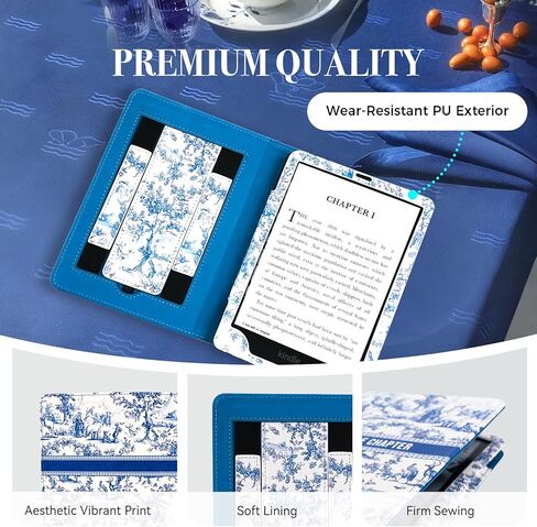 حافظة من البورسلين باللونين الأزرق والأبيض لجهاز Kindle Paperwhite الجيل الثاني عشر/الحادي عشر وColorsoft SE 2024 مقاس 7 بوصات/6.8 بوصات، غطاء زهور عتيق مع حزام يد، حامل وإيقاظ/نوم تلقائي، كتاب إلكتروني للقارئ الإلكتروني 2026 هدايا للنساء والرجال in Kuwait
