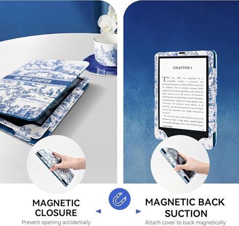 حافظة من البورسلين باللونين الأزرق والأبيض لجهاز Kindle Paperwhite الجيل الثاني عشر/الحادي عشر وColorsoft SE 2024 مقاس 7 بوصات/6.8 بوصات، غطاء زهور عتيق مع حزام يد، حامل وإيقاظ/نوم تلقائي، كتاب إلكتروني للقارئ الإلكتروني 2026 هدايا للنساء والرجال in Kuwait