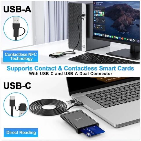Smart Card Reader with NFC, CAC Reader for DOD Military Common Access, 2-in-1 Contact & Contactless ID and Bank Chip Card Reader, Built-in USB-C with USB-A Adapter for Windows, MacOS, Linux in Saudi Arabia