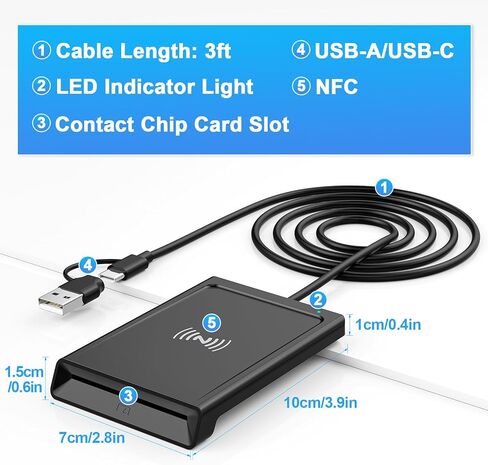 Smart Card Reader with NFC, CAC Reader for DOD Military Common Access, 2-in-1 Contact & Contactless ID and Bank Chip Card Reader, Built-in USB-C with USB-A Adapter for Windows, MacOS, Linux in Saudi Arabia