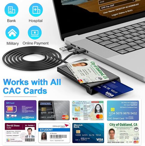 Smart Card Reader with NFC, CAC Reader for DOD Military Common Access, 2-in-1 Contact & Contactless ID and Bank Chip Card Reader, Built-in USB-C with USB-A Adapter for Windows, MacOS, Linux in Saudi Arabia