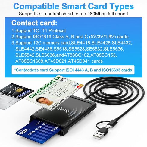 Smart Card Reader with NFC, CAC Reader for DOD Military Common Access, 2-in-1 Contact & Contactless ID and Bank Chip Card Reader, Built-in USB-C with USB-A Adapter for Windows, MacOS, Linux in Saudi Arabia
