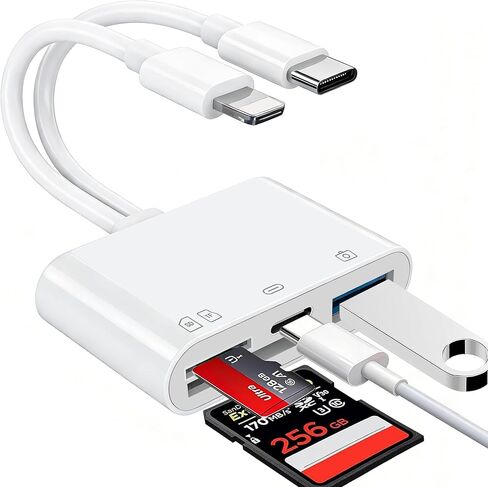 قارئ بطاقات الذاكرة 4 في 1، قارئ بطاقات SD لأجهزة iPhone وiPad وقارئ بطاقات SD وقارئ بطاقات USB C&Lightning ثنائي المنافذ وقارئ بطاقات Micro SD، وقارئ بطاقات الذاكرة لمحول الكاميرا، ودعم SD وMicro SD والتوصيل والتشغيل in Saudi Arabia