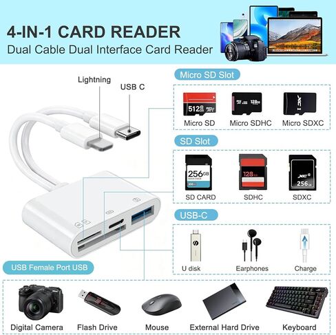 قارئ بطاقات الذاكرة 4 في 1، قارئ بطاقات SD لأجهزة iPhone وiPad وقارئ بطاقات SD وقارئ بطاقات USB C&Lightning ثنائي المنافذ وقارئ بطاقات Micro SD، وقارئ بطاقات الذاكرة لمحول الكاميرا، ودعم SD وMicro SD والتوصيل والتشغيل in Saudi Arabia