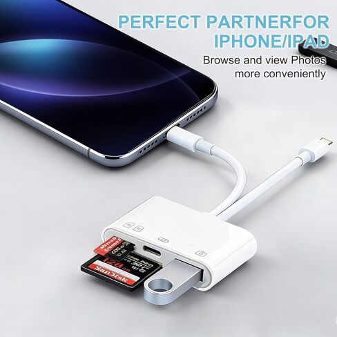 قارئ بطاقات الذاكرة 4 في 1، قارئ بطاقات SD لأجهزة iPhone وiPad وقارئ بطاقات SD وقارئ بطاقات USB C&Lightning ثنائي المنافذ وقارئ بطاقات Micro SD، وقارئ بطاقات الذاكرة لمحول الكاميرا، ودعم SD وMicro SD والتوصيل والتشغيل in Saudi Arabia