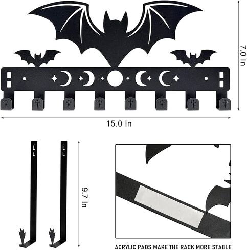 Gothic Bat Over The Door Hooks - 8-Hook Set with Moon Phase & Cross Design for Halloween Spooky Bathroom Decor | علاقة مناشف معدنية لإكسسوارات المنزل القوطي | منظم الحائط القوطي للهالوين in Kuwait
