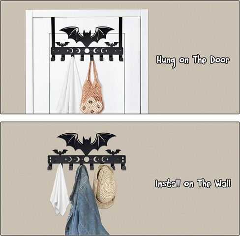 Gothic Bat Over The Door Hooks - 8-Hook Set with Moon Phase & Cross Design for Halloween Spooky Bathroom Decor | علاقة مناشف معدنية لإكسسوارات المنزل القوطي | منظم الحائط القوطي للهالوين in Kuwait