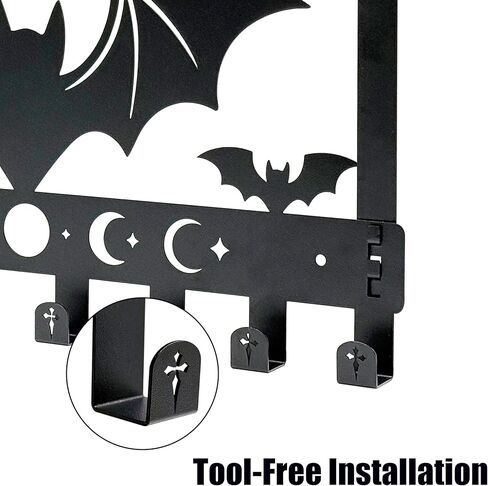 Gothic Bat Over The Door Hooks - 8-Hook Set with Moon Phase & Cross Design for Halloween Spooky Bathroom Decor | علاقة مناشف معدنية لإكسسوارات المنزل القوطي | منظم الحائط القوطي للهالوين in Kuwait