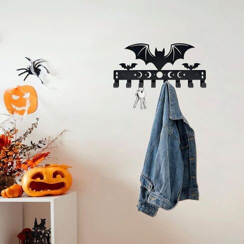 Gothic Bat Over The Door Hooks - 8-Hook Set with Moon Phase & Cross Design for Halloween Spooky Bathroom Decor | علاقة مناشف معدنية لإكسسوارات المنزل القوطي | منظم الحائط القوطي للهالوين in Kuwait