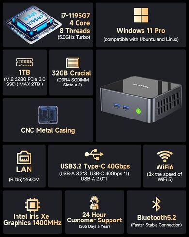 GMKtec كمبيوتر صغير Intel Core i7-1195G7 (يصل إلى 4.8 جيجا هرتز) 32 جيجا DDR4 1 تيرابايت SSD كمبيوتر مكتبي صغير WiFi 6، BT 5.2/ DP، HDMI/RJ45 2.5G/USB4.0 in Kuwait