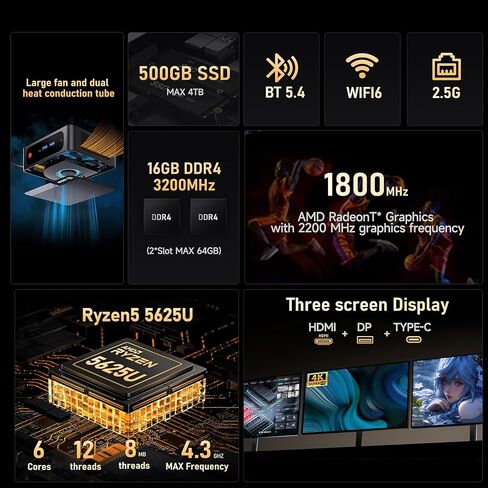 كمبيوتر صغير Beelink SER5 PRO، AMD Ryzen 5 5625U (6C/12T، حتى 4.3 جيجا هرتز)، 16 جيجا DDR4 500 جيجا SSD، كمبيوتر صغير يدعم 2.5G LAN/شاشة عرض ثلاثية/USB3.2/WiFi6/BT5.4 كمبيوتر مكتبي صغير للمنزل/المكتب in Saudi Arabia