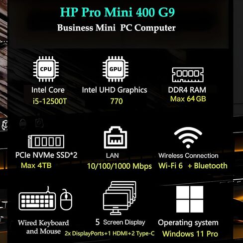 كمبيوتر مكتبي HP Pro Mini 400 G9 Business Mini PC، Intel Hexa-Core i5-12500T، ذاكرة الوصول العشوائي DDR4 سعة 4 جيجابايت، 64 جيجابايت PCIe SSD، WiFi 6، بلوتوث 5.2، Windows 11 Pro in Saudi Arabia