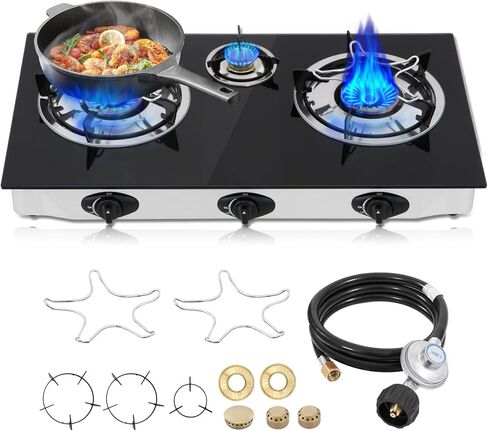 Propane Gas Cooktop,3 Burners Gas Stove portable, 0.28"Tempered Glass, Auto Ignition Camping 3 Burner LPG for RV,Apartments,Outdoor in Kuwait