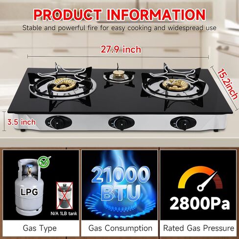 Propane Gas Cooktop,3 Burners Gas Stove portable, 0.28"Tempered Glass, Auto Ignition Camping 3 Burner LPG for RV,Apartments,Outdoor in Kuwait