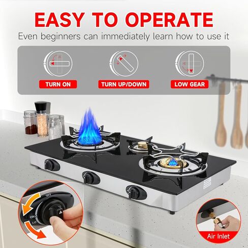 Propane Gas Cooktop,3 Burners Gas Stove portable, 0.28"Tempered Glass, Auto Ignition Camping 3 Burner LPG for RV,Apartments,Outdoor in Kuwait