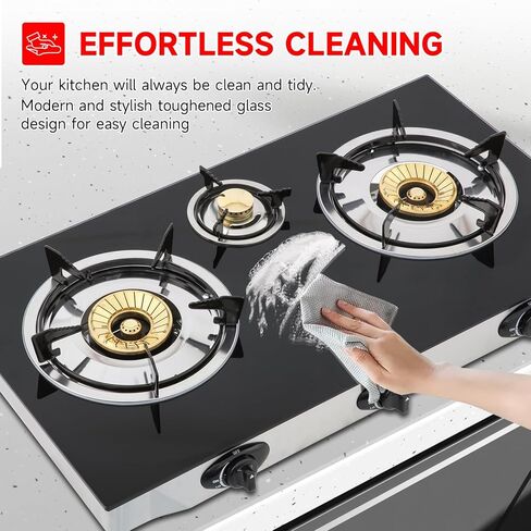 Propane Gas Cooktop,3 Burners Gas Stove portable, 0.28"Tempered Glass, Auto Ignition Camping 3 Burner LPG for RV,Apartments,Outdoor in Kuwait
