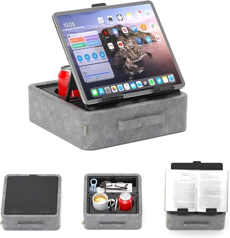 KDD 5 in 1 Tablet Pillow Holder, Foldable Book Stand for Reading with Storage Tray, Pen Slot and 2 Cup Holders, Adjustable iPad Stand for Lap, Bed, Desk and Couch Compatible with Tablet and Book in Saudi Arabia