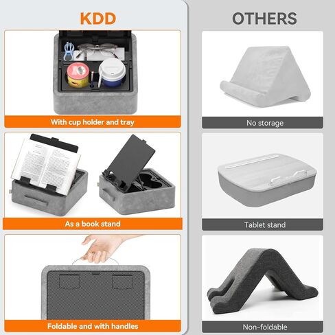 KDD 5 in 1 Tablet Pillow Holder, Foldable Book Stand for Reading with Storage Tray, Pen Slot and 2 Cup Holders, Adjustable iPad Stand for Lap, Bed, Desk and Couch Compatible with Tablet and Book in Saudi Arabia