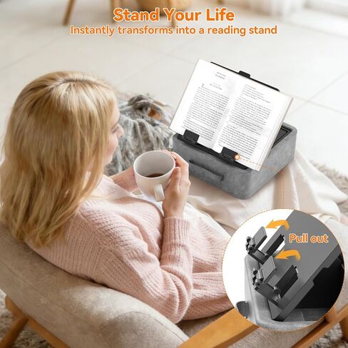 KDD 5 in 1 Tablet Pillow Holder, Foldable Book Stand for Reading with Storage Tray, Pen Slot and 2 Cup Holders, Adjustable iPad Stand for Lap, Bed, Desk and Couch Compatible with Tablet and Book in Saudi Arabia
