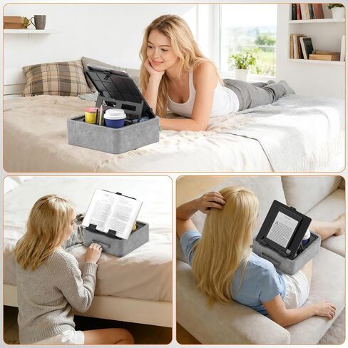 KDD 5 in 1 Tablet Pillow Holder, Foldable Book Stand for Reading with Storage Tray, Pen Slot and 2 Cup Holders, Adjustable iPad Stand for Lap, Bed, Desk and Couch Compatible with Tablet and Book in Saudi Arabia