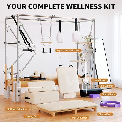 Professional Oak Wood Pilates Reformer Machine for Home Use & Studio, Pilates Equipment for Full Body Workout, Stability Training, Includes Jump Board, Sitting Box, and Accessories in Saudi Arabia
