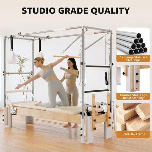 Professional Oak Wood Pilates Reformer Machine for Home Use & Studio, Pilates Equipment for Full Body Workout, Stability Training, Includes Jump Board, Sitting Box, and Accessories in Saudi Arabia