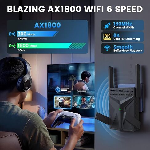 معزز إشارة موسع WiFi 6 للمنزل، مكرر لاسلكي ثنائي النطاق AX1800 مع منفذ إيثرنت، إعداد سهل، توافق عالمي، أمان متقدم، سرعة جيجابت للألعاب والبث in Kuwait