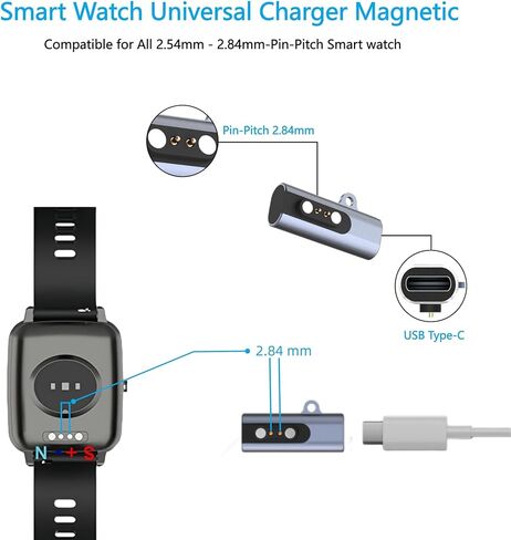شاحن عالمي مغناطيسي 2 دبوس للساعة الذكية، محول شحن USB من النوع C إلى 2 دبوس لـ VeryFit Da Fit Letsfit Willful YAMAY Uwatch وجميع الساعات الذكية مقاس 2.54 مم - 2.84 مم [موديل A&B، مقاس واحد] in Kuwait