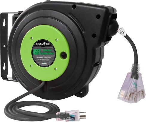 45 Ft Retractable Extension Cord Reel, 12 AWG/3C SJTOW Heavy Duty Power Cord with 3 Electrical Outlets, 15 AMP Circuit Breaker, Lighted Triple Tap, Ceiling or Wall Mount, UL Listed in Saudi Arabia