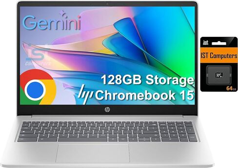 كمبيوتر محمول HP Chromebook 15 (شاشة 15.6 بوصة مضادة للتوهج، Intel N200، ذاكرة الوصول العشوائي DDR5 سعة 8 جيجابايت، سعة تخزين 192 جيجابايت (64 جيجابايت eMMC + 128 جيجابايت SD)، 4-Core(> i3-1115G4)، لوحة مفاتيح رقمية) للمنزل والطلاب، كاميرا ويب مع مصراع، W in Saudi Arabia