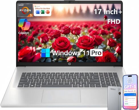 كمبيوتر محمول HP 17 بوصة، شاشة FHD IPS مقاس 17.3 بوصة، AMD Ryzen 5 7430U (حتى 4.5 جيجا هرتز)، ذاكرة الوصول العشوائي 20 جيجا، 512 جيجا SSD، Wi-Fi 6، بلوتوث 5.4، Windows 11 Pro، مفتاح Copilot AI، لوحة مفاتيح رقمية، مع مسجل صوت RECOLX AI in Kuwait
