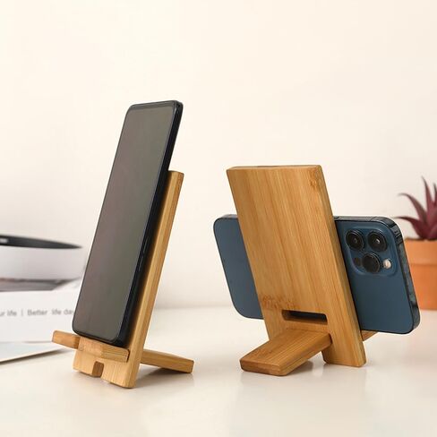 Universal Natural Bamboo Phone Stand, Eco-Friendly Wooden Desktop Cradle, Portable Smartphone Holder Compatible with All Mobile Devices for Desk, Bedstand and Kitchen, 1 Pack in Saudi Arabia