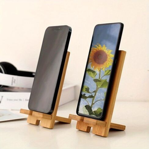 Universal Natural Bamboo Phone Stand, Eco-Friendly Wooden Desktop Cradle, Portable Smartphone Holder Compatible with All Mobile Devices for Desk, Bedstand and Kitchen, 1 Pack in Saudi Arabia