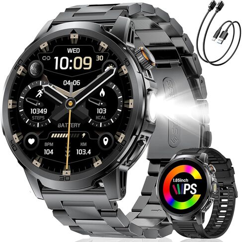 Military Smart Watch for Men Answer/Make Call, 1.85'' HD Rugged Smartwatch with 1000mAh Battery/Flashlight/Heart Rate/110+ Sports Mode, IP68 Waterproof Fitness Tracker Watch for Android iPhone in Saudi Arabia