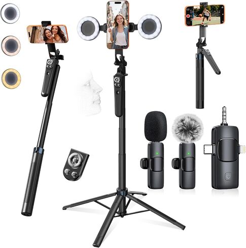 Tripod for iPhone with Light and Remote, Wireless Microphones, 71" Auto Face Tracking Phone Stand for Video Recording, Content Creator Essentials Vlogging Kit for YouTube, TikTok, Live Streaming in Saudi Arabia