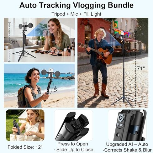Tripod for iPhone with Light and Remote, Wireless Microphones, 71" Auto Face Tracking Phone Stand for Video Recording, Content Creator Essentials Vlogging Kit for YouTube, TikTok, Live Streaming in Saudi Arabia