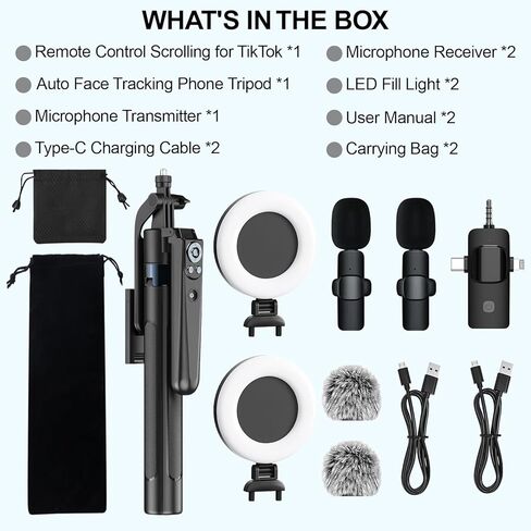 Tripod for iPhone with Light and Remote, Wireless Microphones, 71" Auto Face Tracking Phone Stand for Video Recording, Content Creator Essentials Vlogging Kit for YouTube, TikTok, Live Streaming in Saudi Arabia