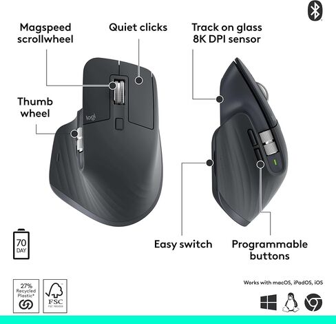 Logitech MX Master 3S Wireless Mouse, Bluetooth, 8K DPI, Quiet Clicks, Fast Scrolling, Graphite (Renewed) in Saudi Arabia