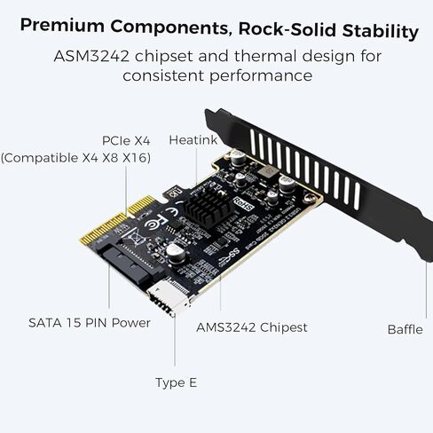 Gugxiom PCIe to USB 3.2 Expansion Card, 20Gbps Type E Key A Front Header Adapter, Internal Type C Converter with ASM3242 Chip SATA 15Pin Power for Desktop PC in Saudi Arabia