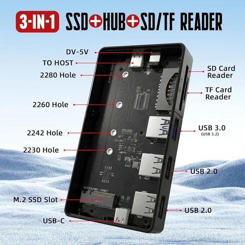 YOTUO M.2 NVMe SSD Enclosure with Hub & Card Reader, 10Gbps USB-C 3.2, External Solid State Drive Case for 2230/2242/2260/2280, SD/TF Card Reader, USB Hub, Compatible with Windows/Mac/Android/iOS in Saudi Arabia