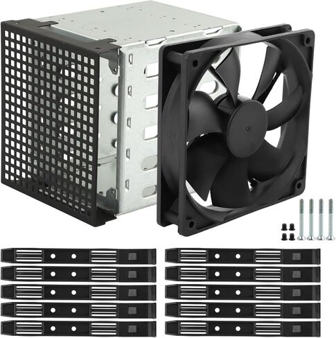 قفص القرص الصلب مقاس 5.25 بوصة إلى 5X 3.5 بوصة، حاوية محرك الأقراص الصلبة من الفولاذ المقاوم للصدأ مع مروحة تبريد مقاس 12 سم، رف محرك الأقراص الصلبة الداخلي لعلبة الكمبيوتر الشخصي وتوسيع فتحة القرص المضغوط in Kuwait